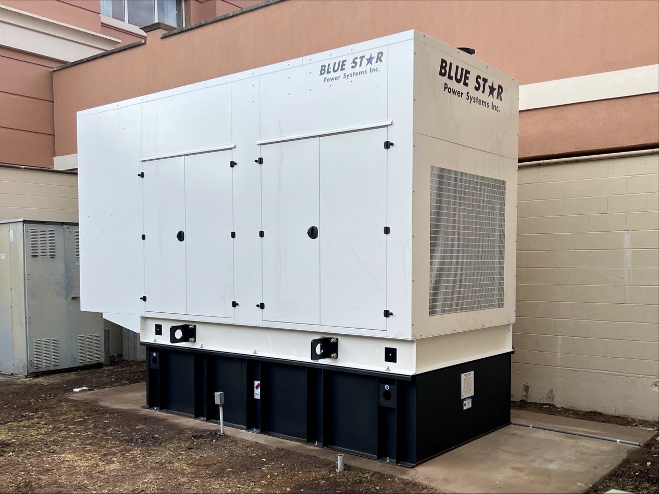 Blue Star Power System PD600 generator outside of an orange and white building